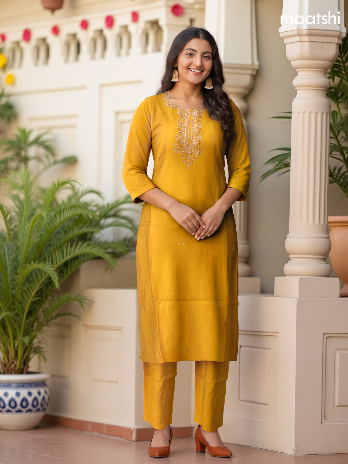 Festive wear salwar suit mustard yellow with zardosi work neck pattern and straight cut pant & organza dupatta