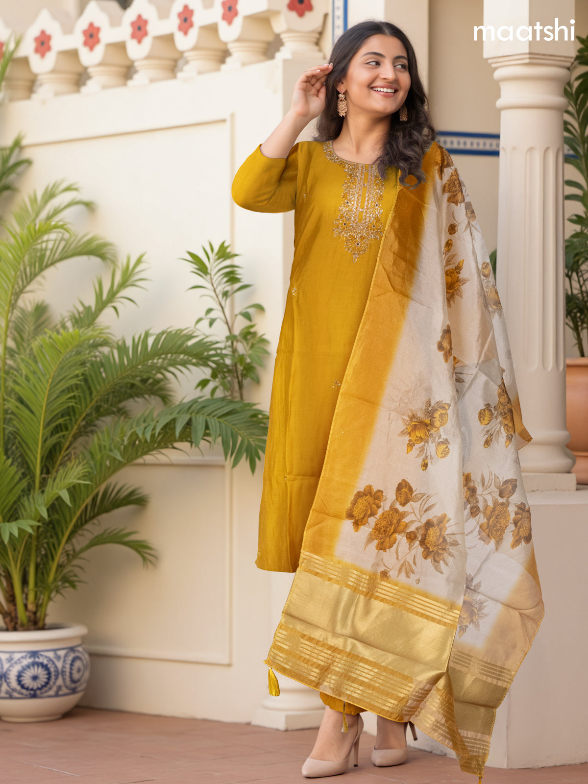 Festive wear salwar suit mustard yellow with zardosi work neck pattern and straight cut pant & organza dupatta