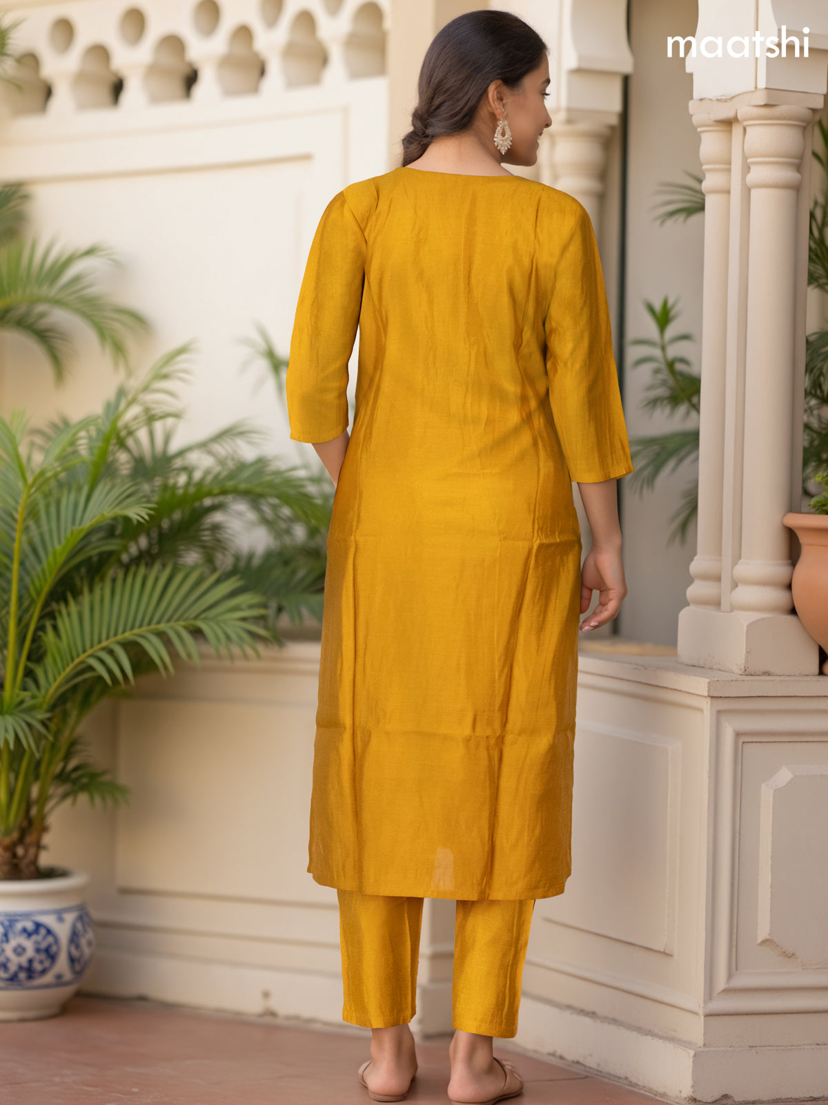 Festive wear salwar suit mustard yellow with zardosi work neck pattern and straight cut pant & organza dupatta