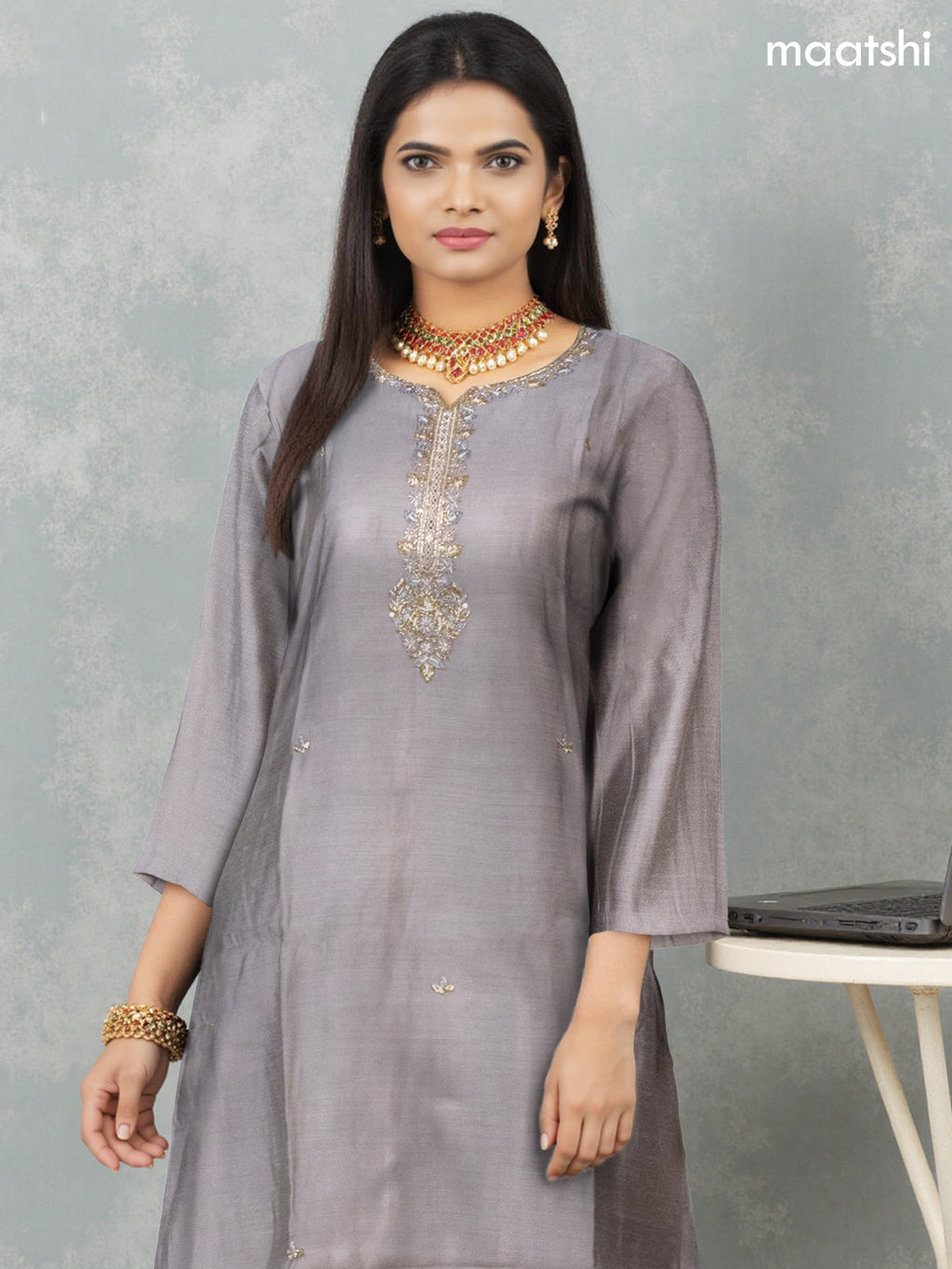 Festive wear salwar suit grey with zardosi work neck pattern and straight cut pant & printed dupatta