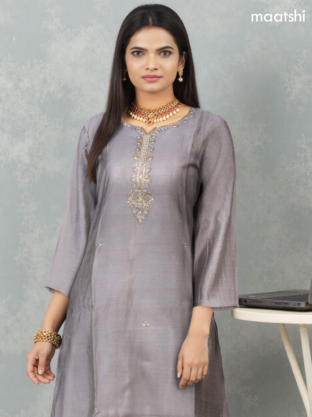Festive wear salwar suit grey with zardosi work neck pattern and straight cut pant & printed dupatta