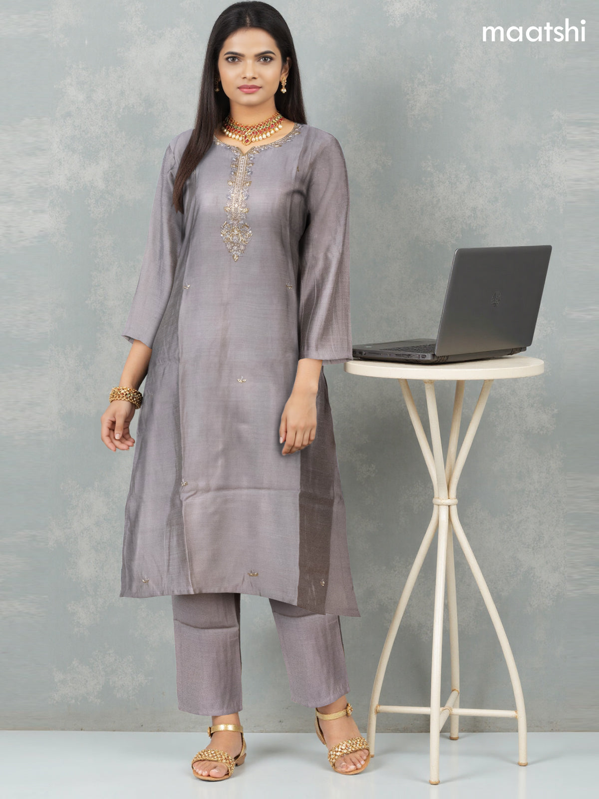 Festive wear salwar suit grey with zardosi work neck pattern and straight cut pant & printed dupatta