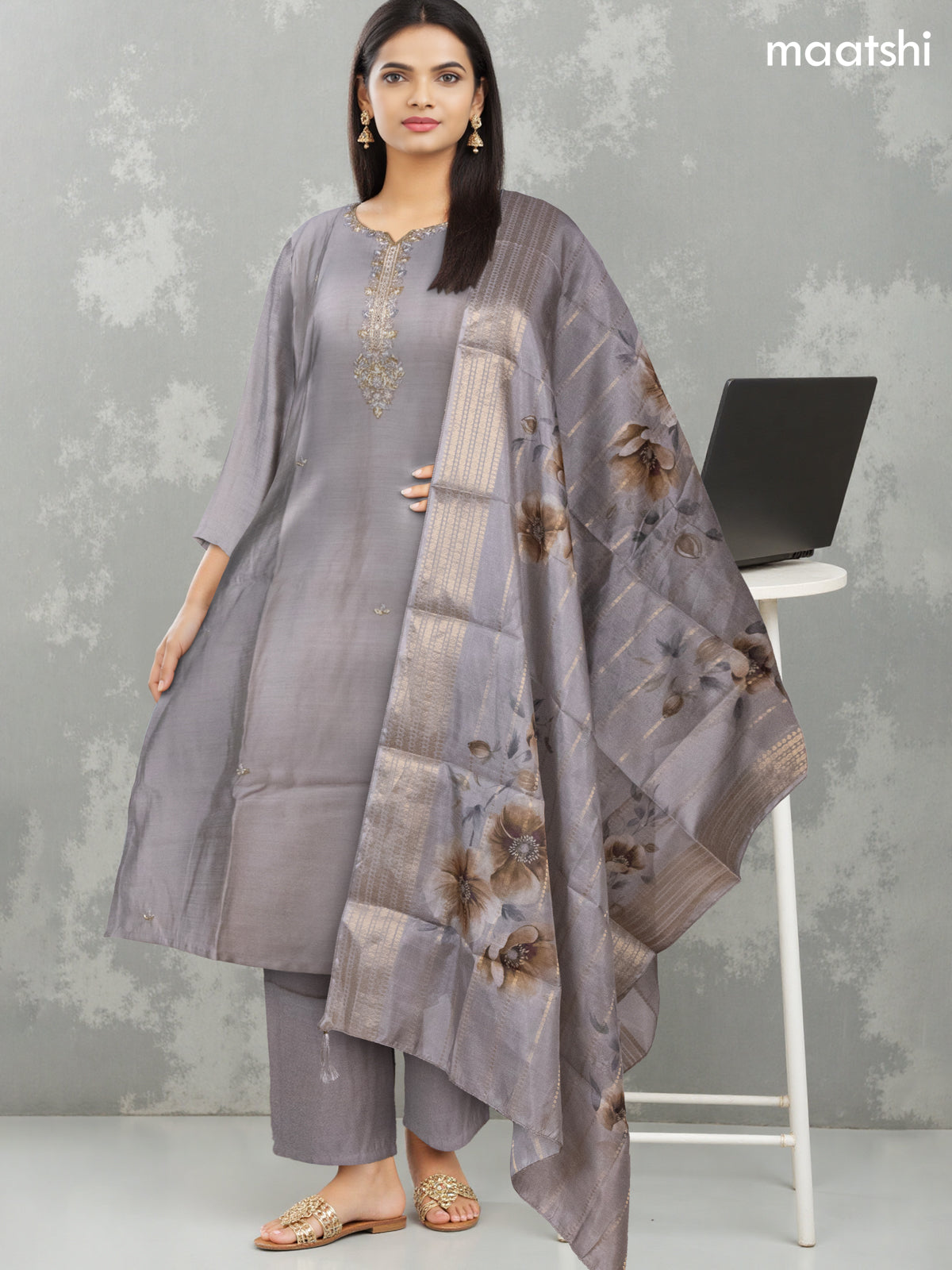 Festive wear salwar suit grey with zardosi work neck pattern and straight cut pant & printed dupatta