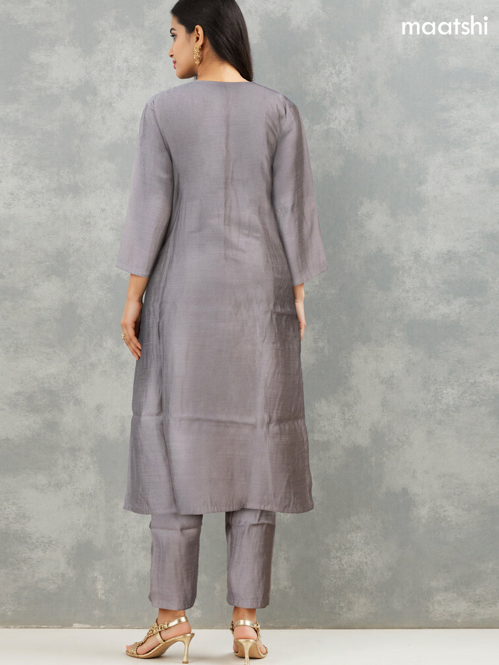 Festive wear salwar suit grey with zardosi work neck pattern and straight cut pant & printed dupatta