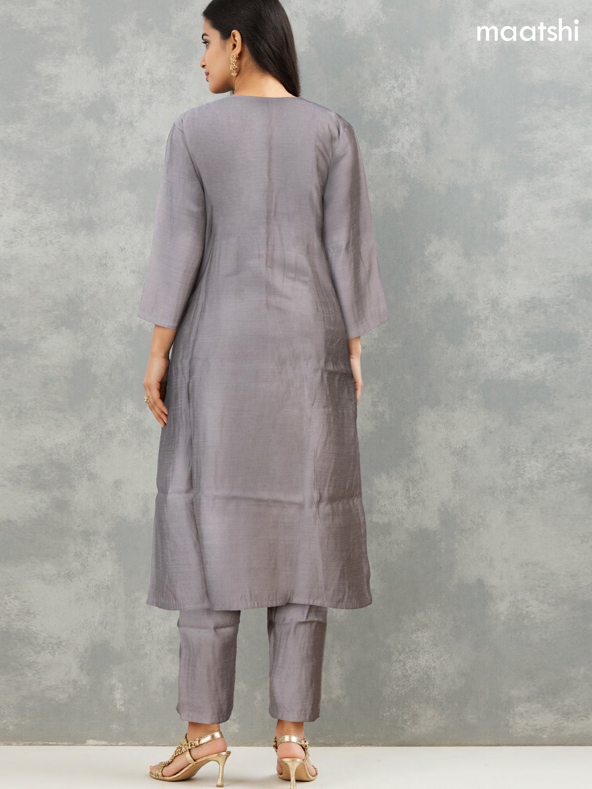 Festive wear salwar suit grey with zardosi work neck pattern and straight cut pant & printed dupatta