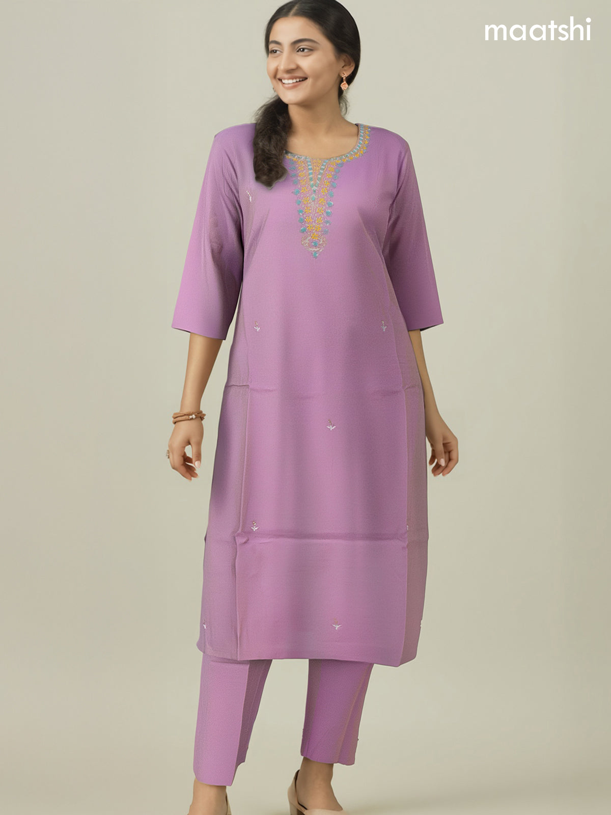Festive wear salwar suit mild lavender with zardosi work neck pattern and straight cut pant & organza dupatta