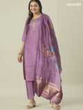 Festive wear salwar suit mild lavender with zardosi work neck pattern and straight cut pant & organza dupatta