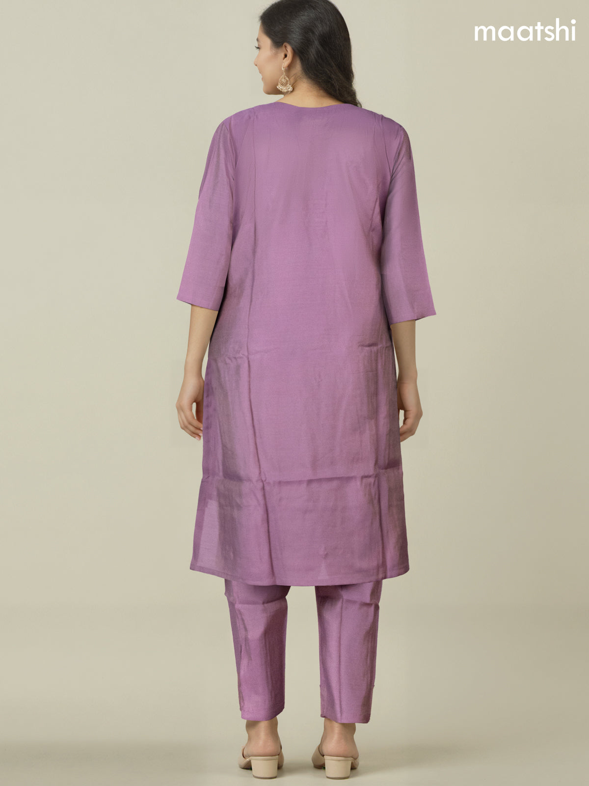 Festive wear salwar suit mild lavender with zardosi work neck pattern and straight cut pant & organza dupatta