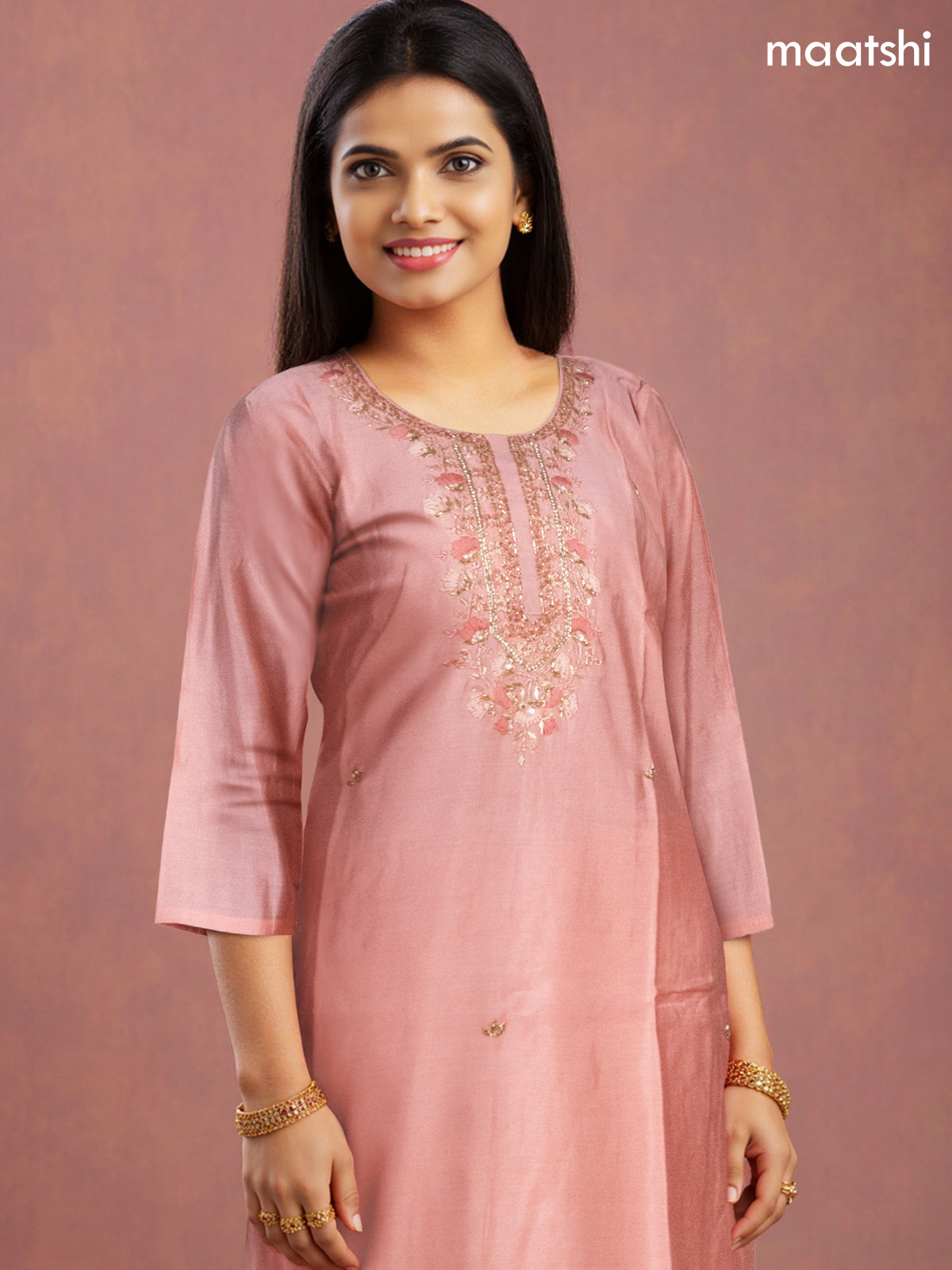 Festive wear salwar suit peach shade with zardosi work neck pattern and straight cut pant & organza dupatta
