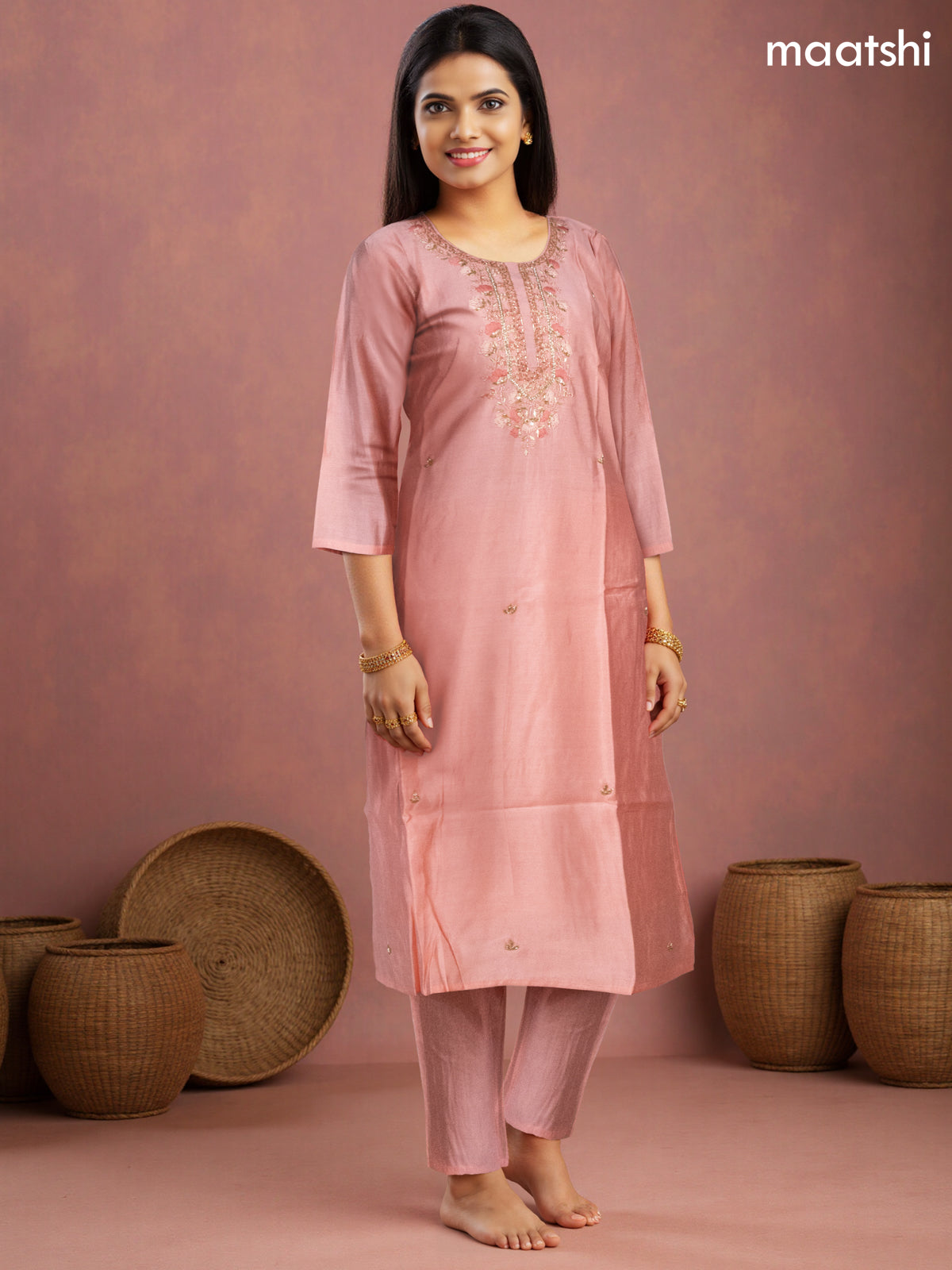 Festive wear salwar suit peach shade with zardosi work neck pattern and straight cut pant & organza dupatta