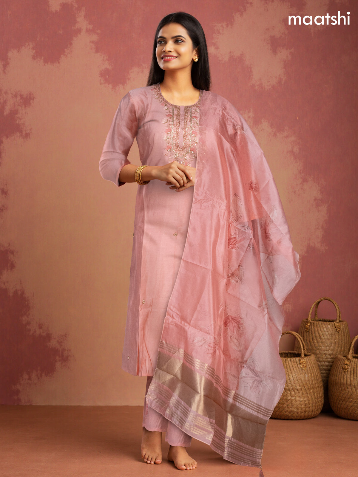 Festive wear salwar suit peach shade with zardosi work neck pattern and straight cut pant & organza dupatta