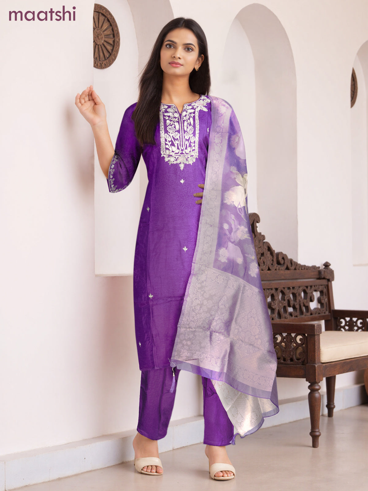 Party wear salwar suit violet with zardosi work neck pattern and straight cut pant & banarasi dupatta