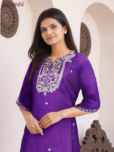 Party wear salwar suit violet with zardosi work neck pattern and straight cut pant & banarasi dupatta