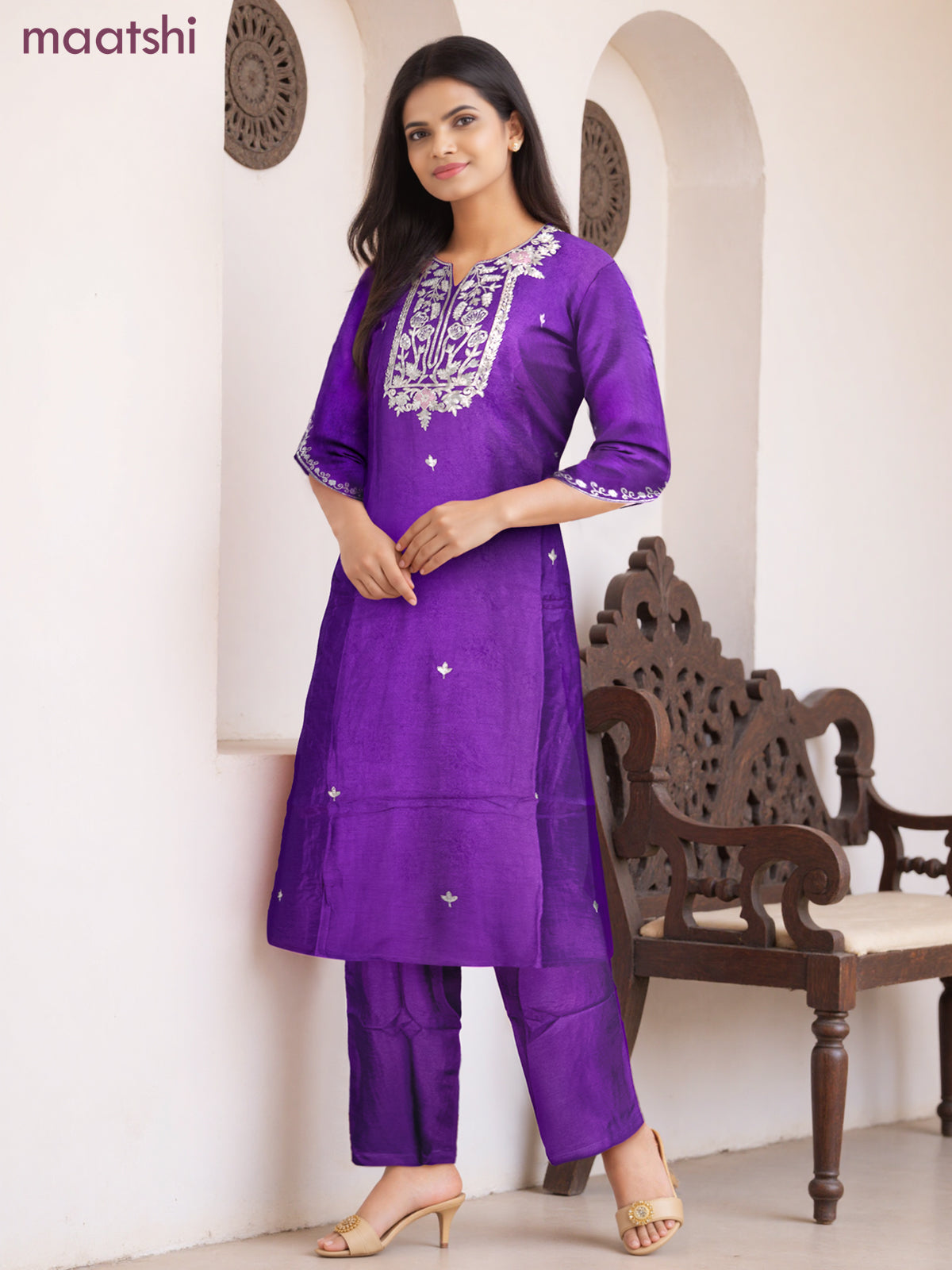 Party wear salwar suit violet with zardosi work neck pattern and straight cut pant & banarasi dupatta