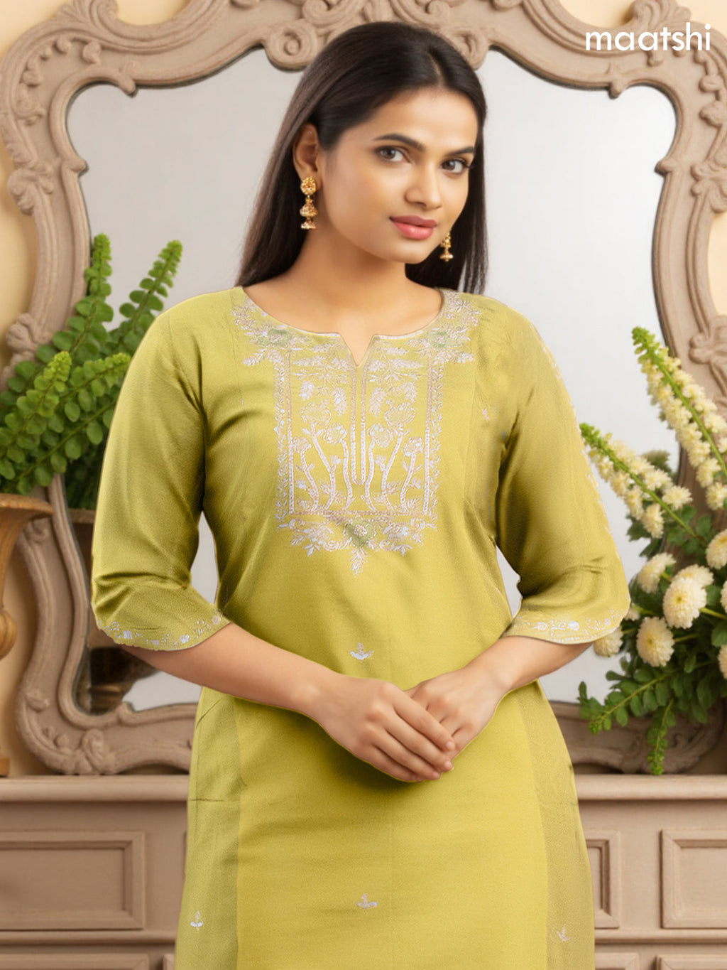 Festive wear salwar suit lime green with zardosi work neck pattern and straight cut pant & banarasi dupatta