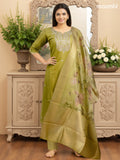 Festive wear salwar suit lime green with zardosi work neck pattern and straight cut pant & banarasi dupatta