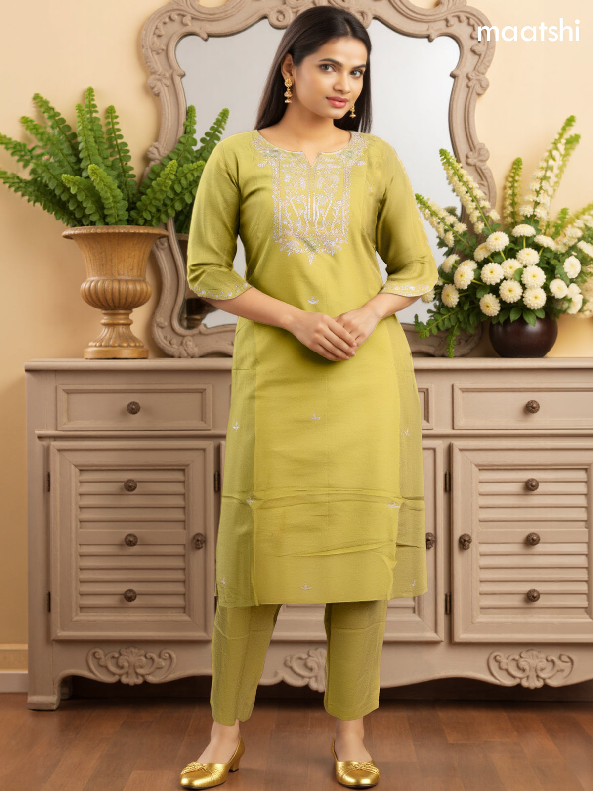 Festive wear salwar suit lime green with zardosi work neck pattern and straight cut pant & banarasi dupatta