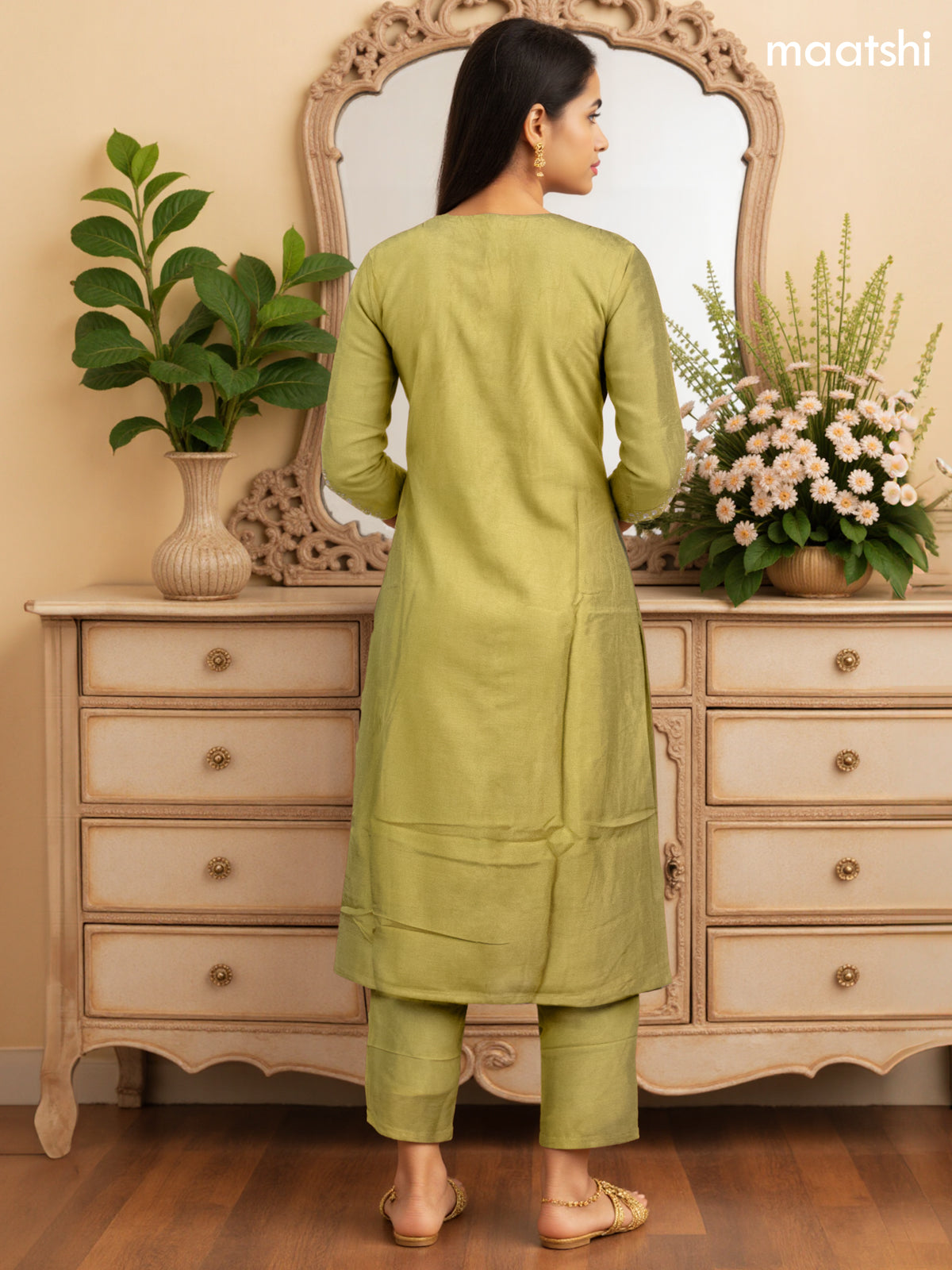 Festive wear salwar suit lime green with zardosi work neck pattern and straight cut pant & banarasi dupatta