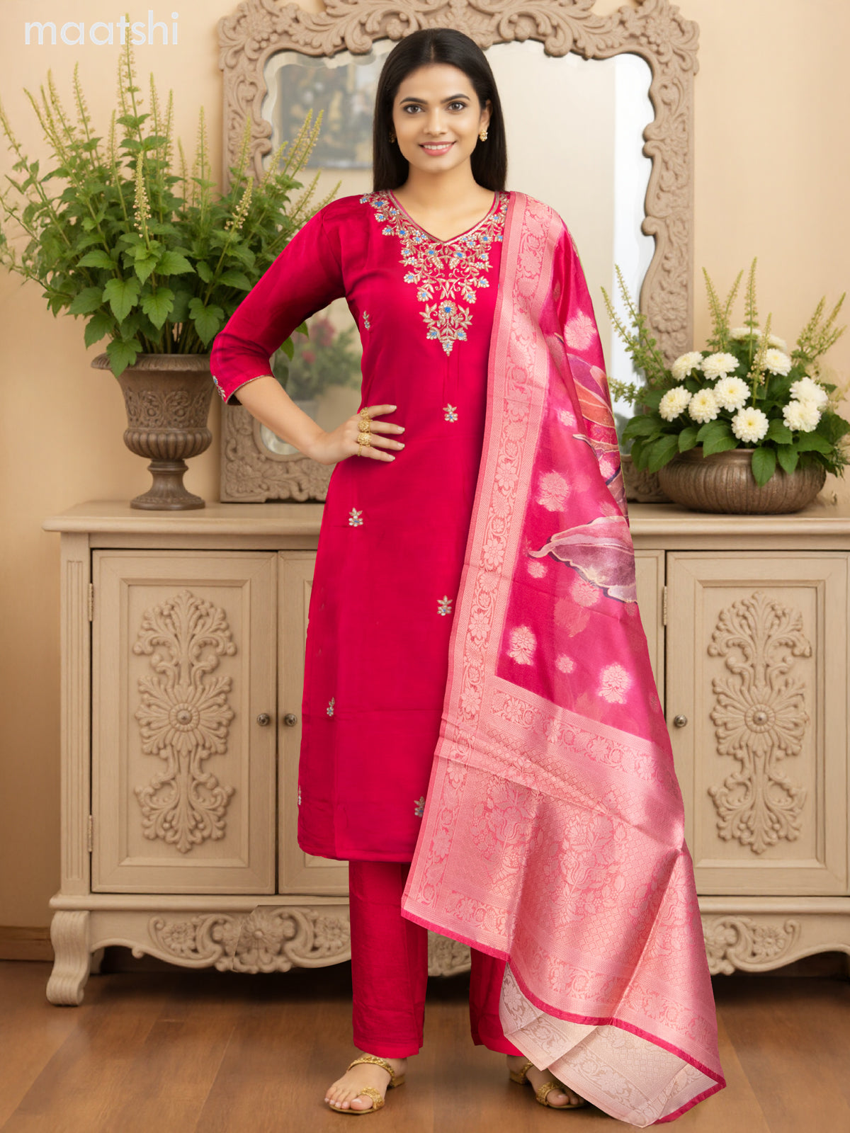 Party wear salwar suit pink with zardosi work neck pattern and straight cut pant & banarasi dupatta
