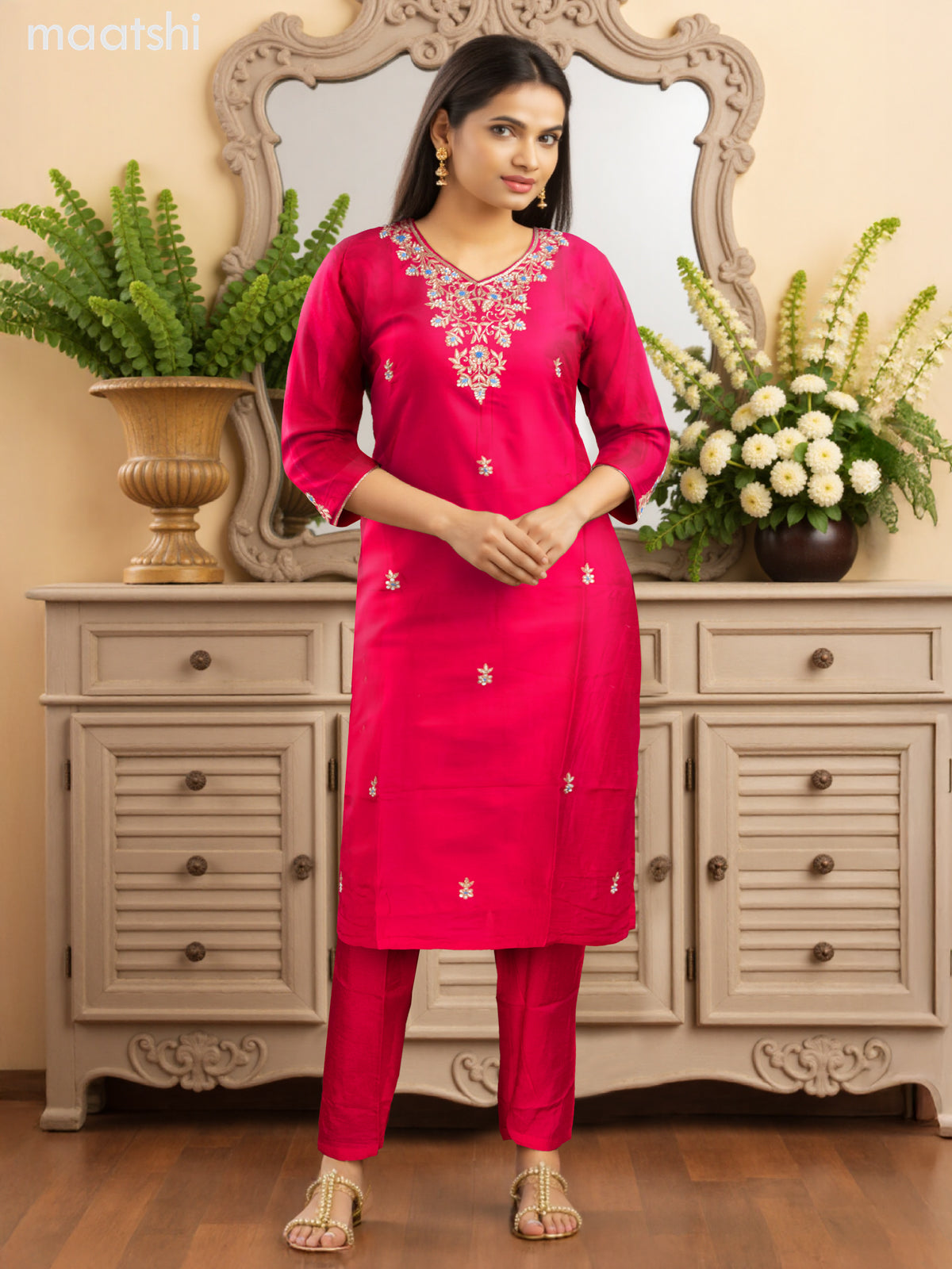 Party wear salwar suit pink with zardosi work neck pattern and straight cut pant & banarasi dupatta