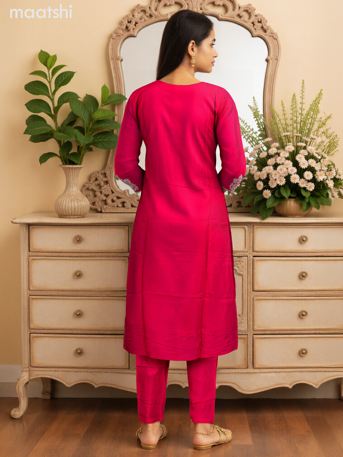 Party wear salwar suit pink with zardosi work neck pattern and straight cut pant & banarasi dupatta