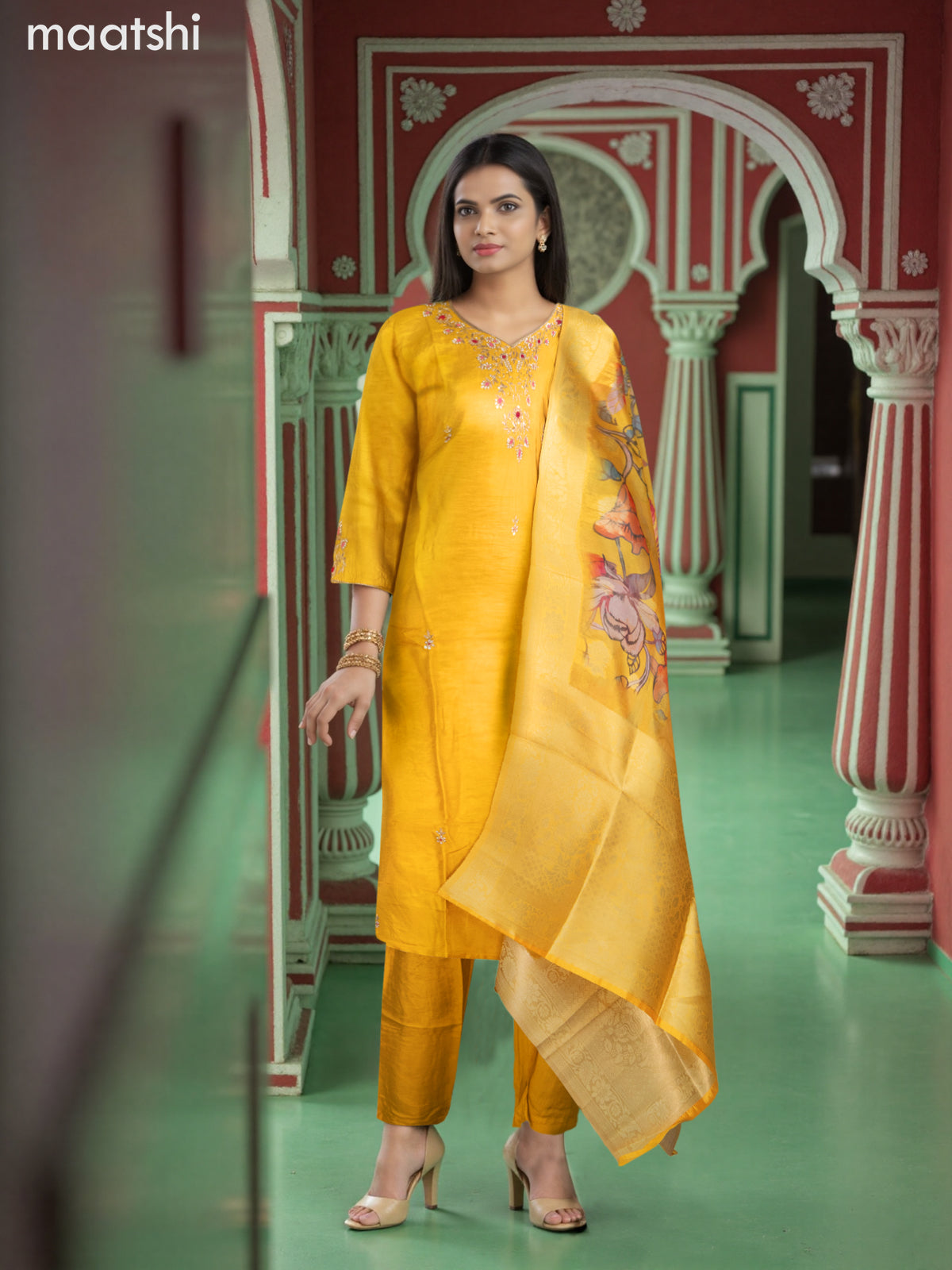 Party wear salwar suit mustard yellow with zardosi work neck pattern and straight cut pant & banarasi dupatta