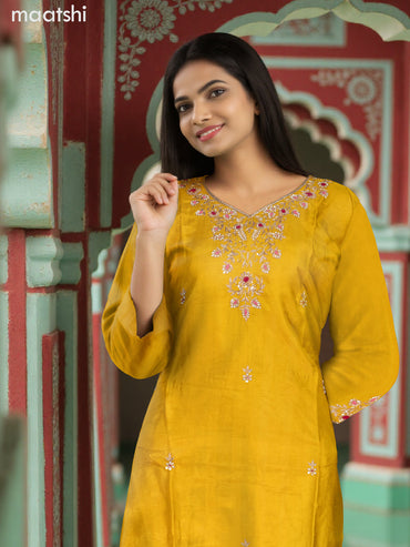 Party wear salwar suit mustard yellow with zardosi work neck pattern and straight cut pant & banarasi dupatta