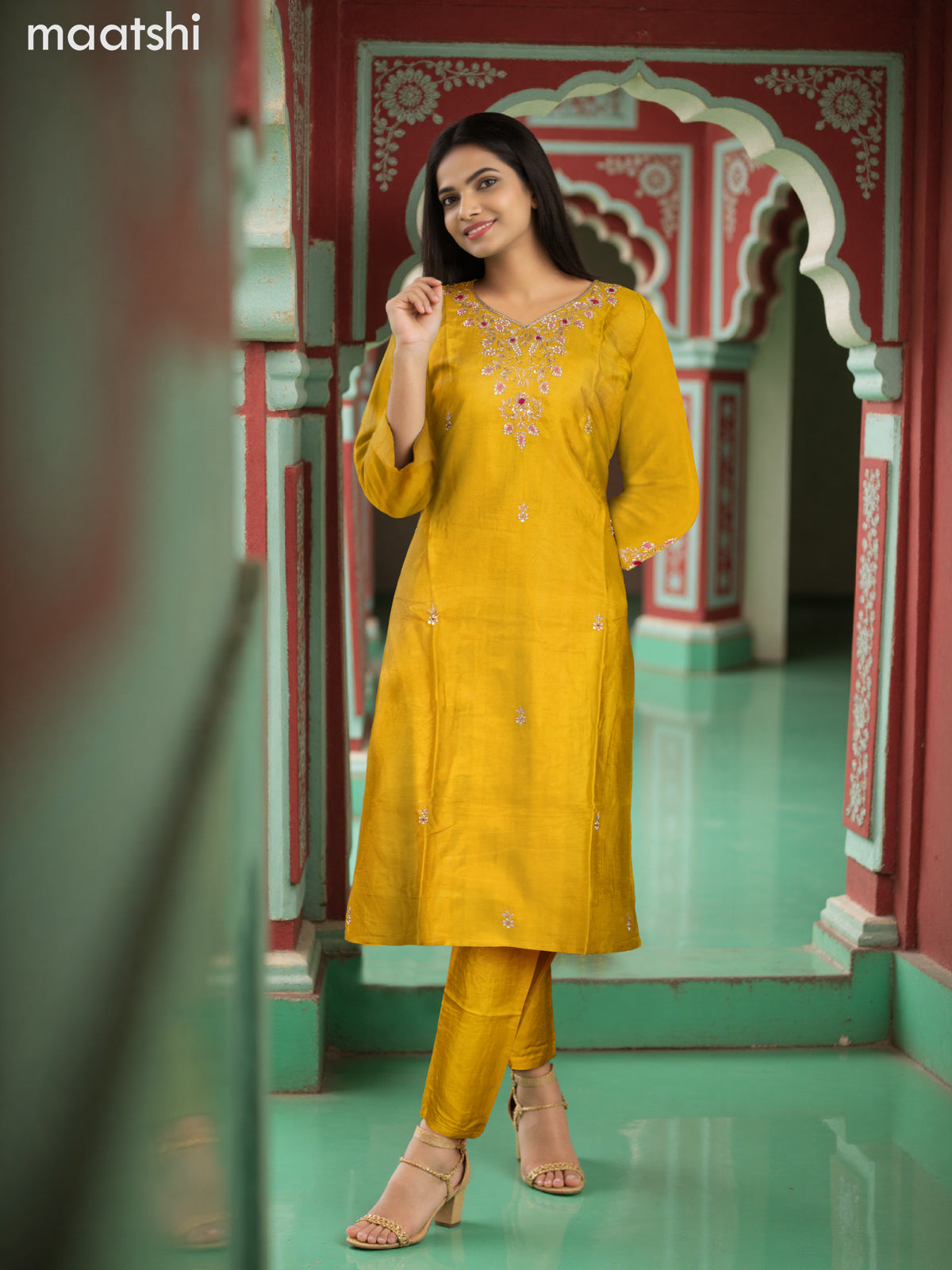 Party wear salwar suit mustard yellow with zardosi work neck pattern and straight cut pant & banarasi dupatta