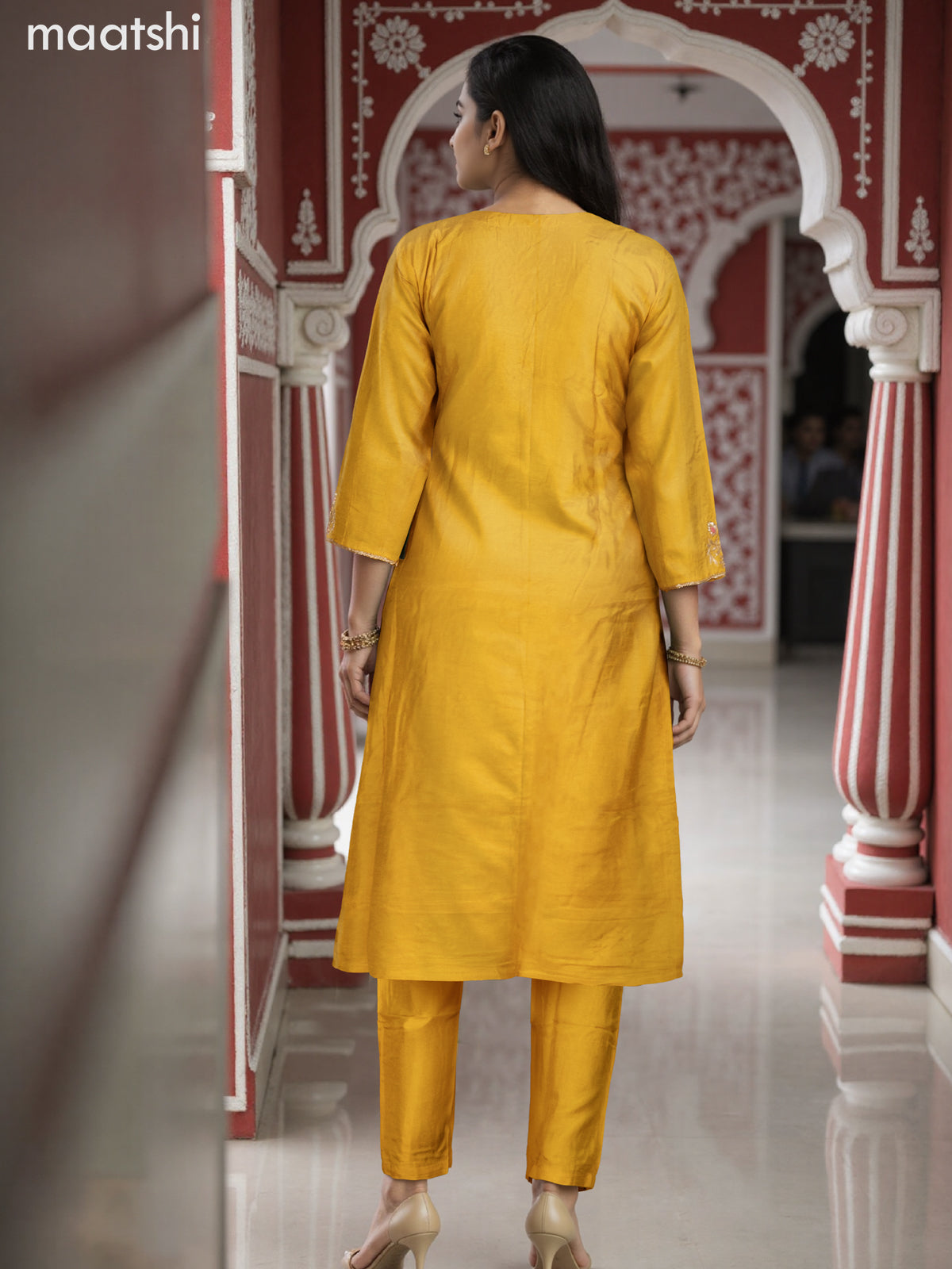 Party wear salwar suit mustard yellow with zardosi work neck pattern and straight cut pant & banarasi dupatta