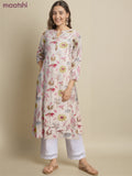Cotton a-line kurti cream and pink shade with allover floral prints & simple neck pattern without pant