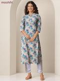Cotton a-line kurti cream and teal blue shade with allover butta prints & simpe neck pattern without pant