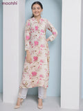 Cotton a-line kurti cream and pink shade with allover floral prints & simple neck pattern without pant