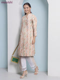 Cotton a-line kurti cream and pale orange with allover floral prints & simple neck pattern without pant