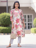 Cotton a-line kurti cream and peach pink with allover prints & simple neck pattern without pant