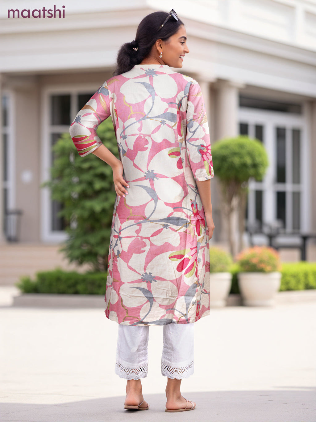 Cotton a-line kurti cream and peach pink with allover prints & simple neck pattern without pant