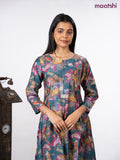 Rayon a-line kurti peacock blue with allover floral prints & simple neck pattern without pant