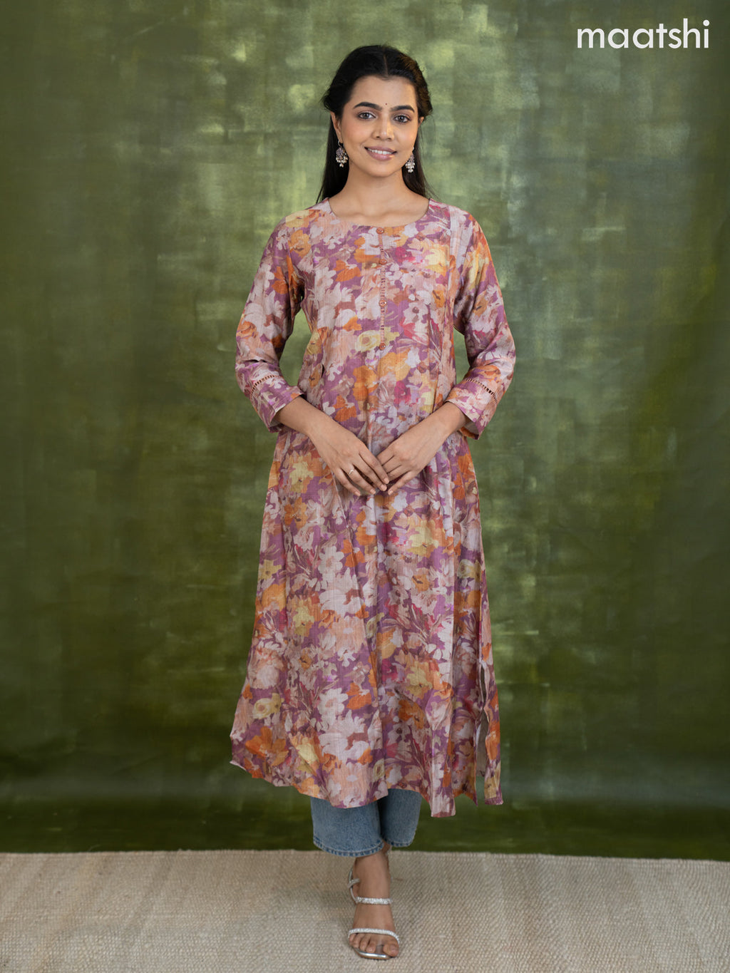 Rayon a-line kurti mauve pink with allover floral prints & simple neck pattern without pant