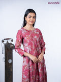 Rayon a-line kurti maroon shade with allover prints & simple neck pattern without pant