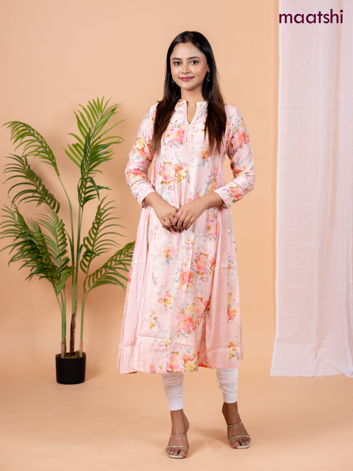 Rayon anarkali kurti peach shade with allover floral prints & sequin lace work neck pattern without pant