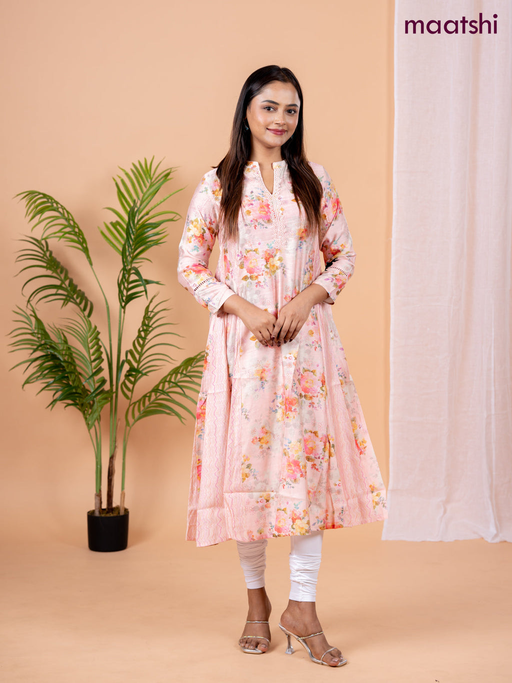 Rayon anarkali kurti peach shade with allover floral prints & sequin lace work neck pattern without pant