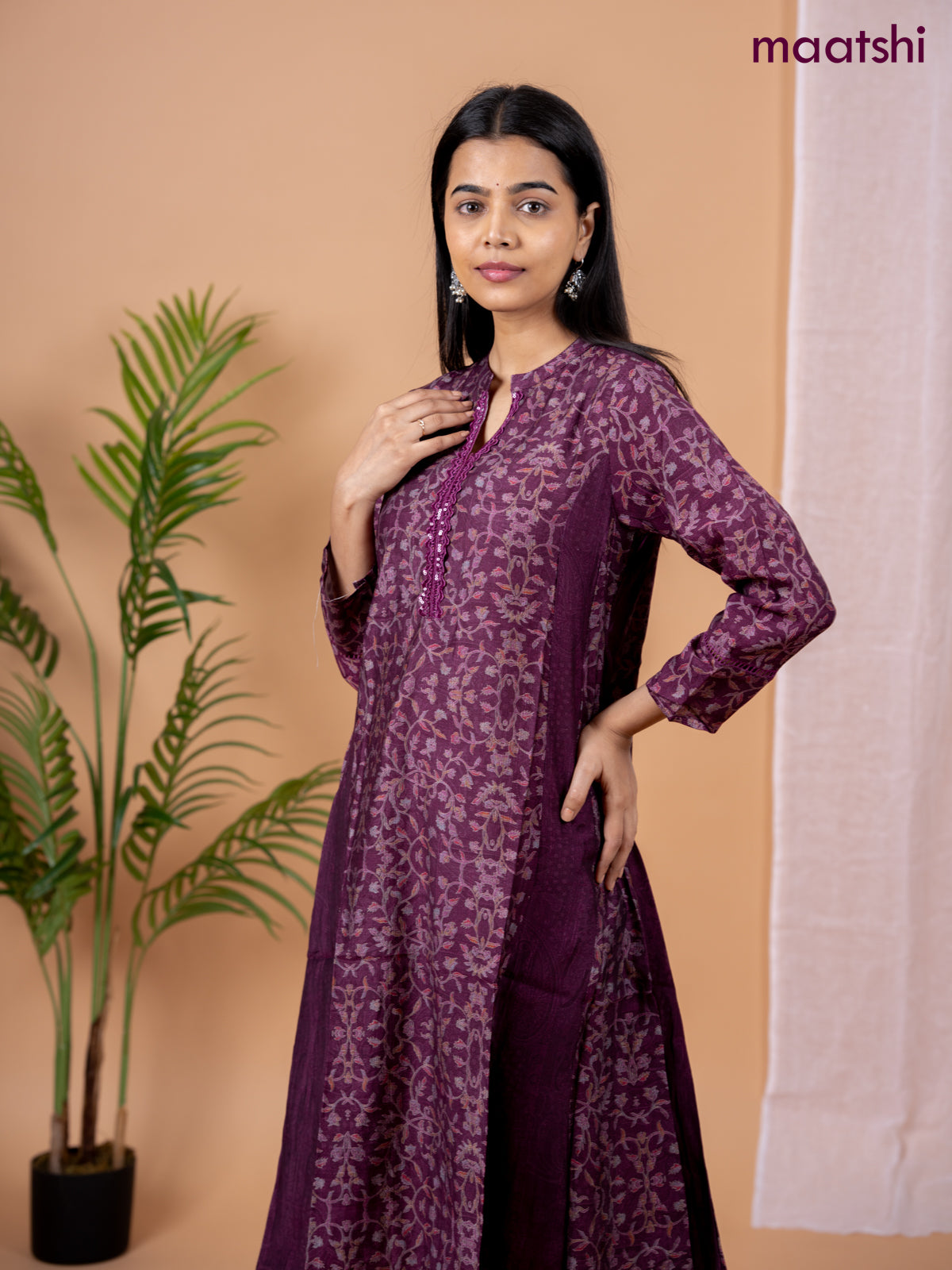 Rayon anarkali kurti wine shade with allover floral prints & sequin lace work neck pattern without pant