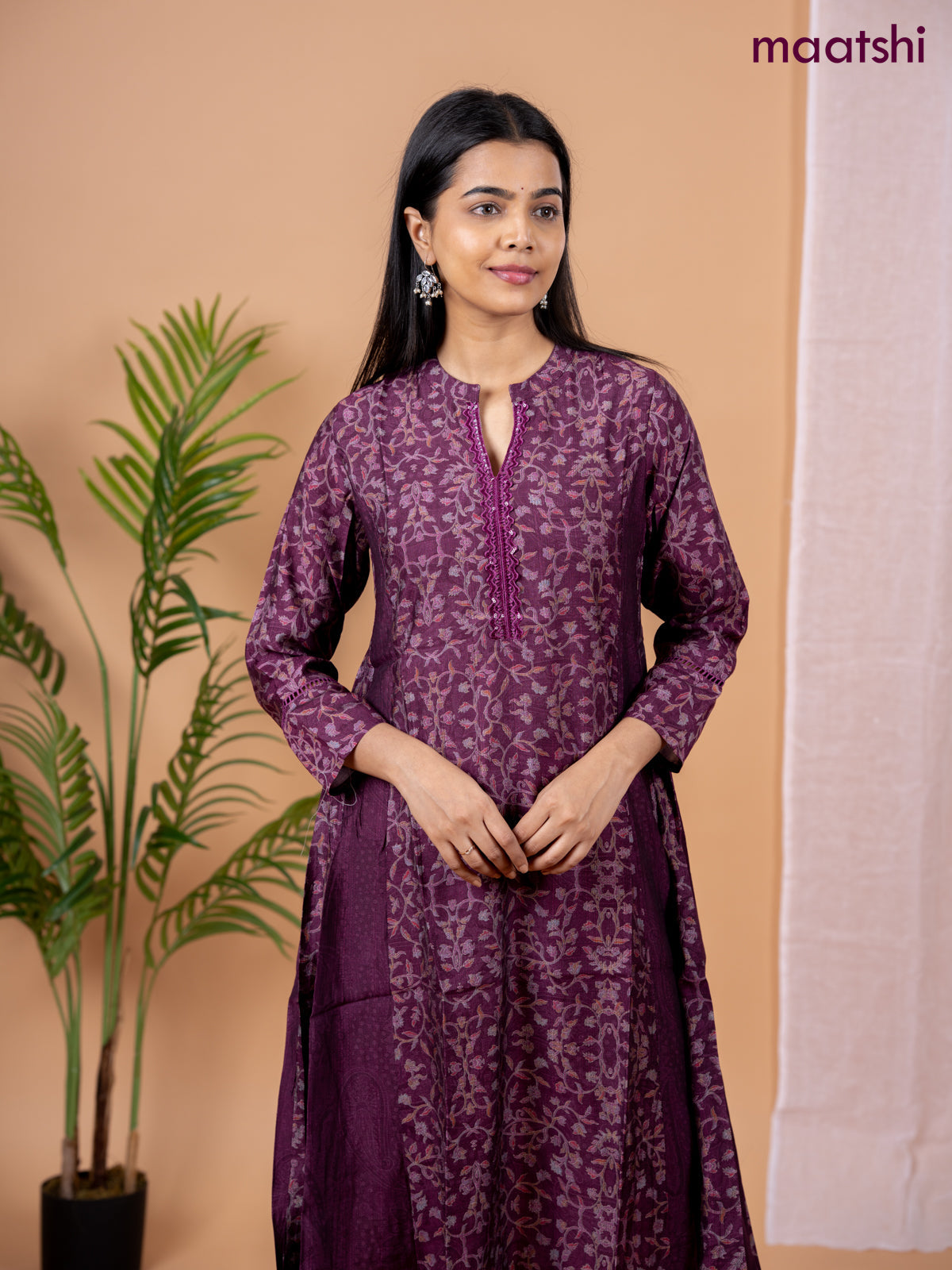 Rayon anarkali kurti wine shade with allover floral prints & sequin lace work neck pattern without pant