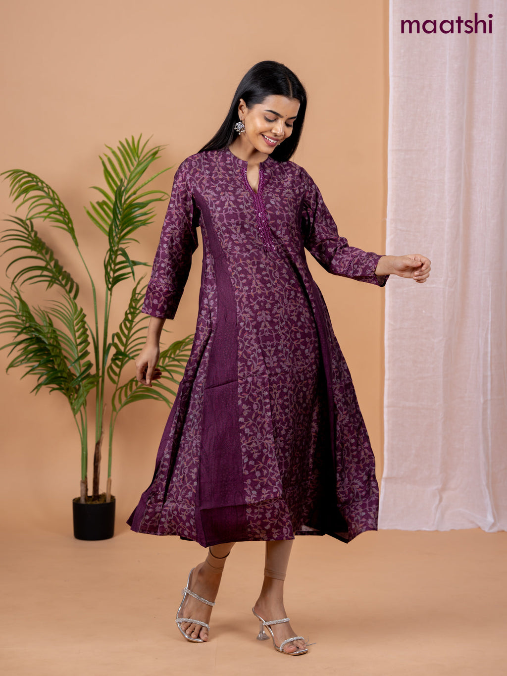 Rayon anarkali kurti wine shade with allover floral prints & sequin lace work neck pattern without pant