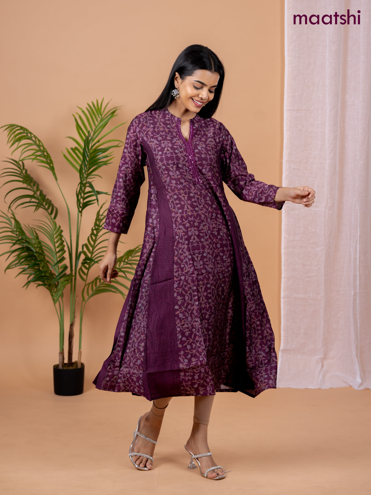Rayon anarkali kurti wine shade with allover floral prints & sequin lace work neck pattern without pant