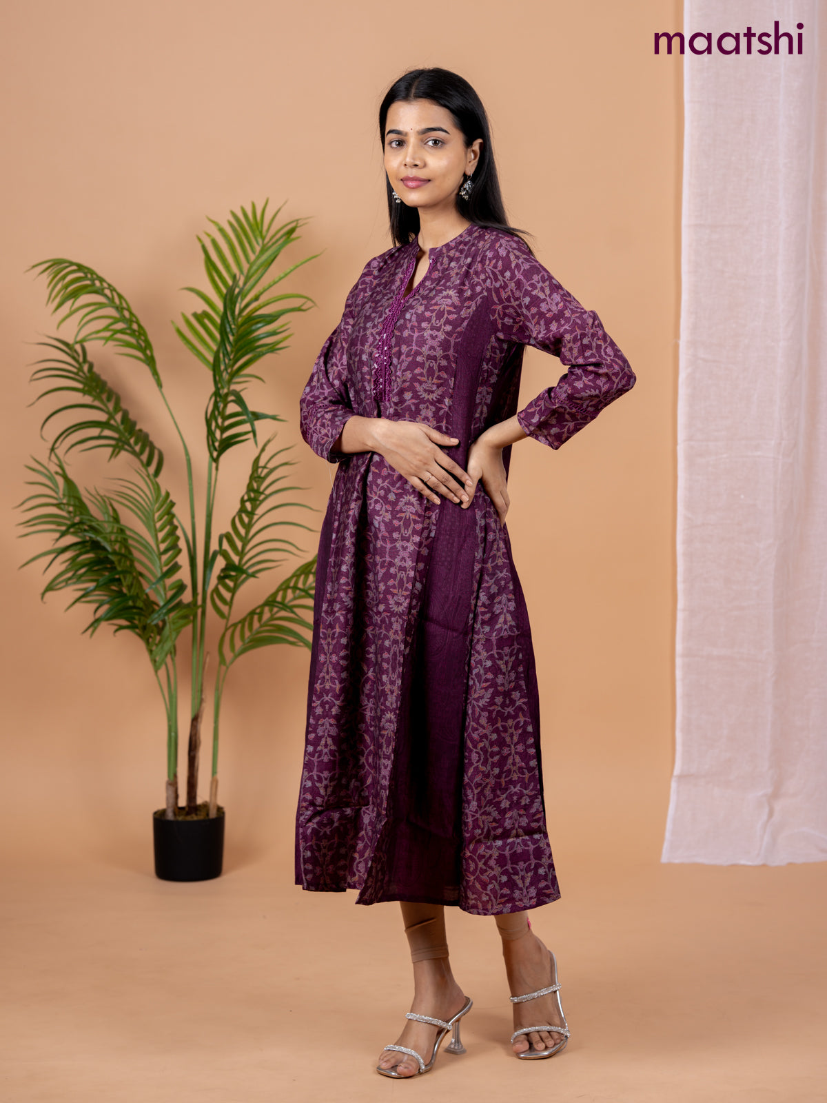 Rayon anarkali kurti wine shade with allover floral prints & sequin lace work neck pattern without pant