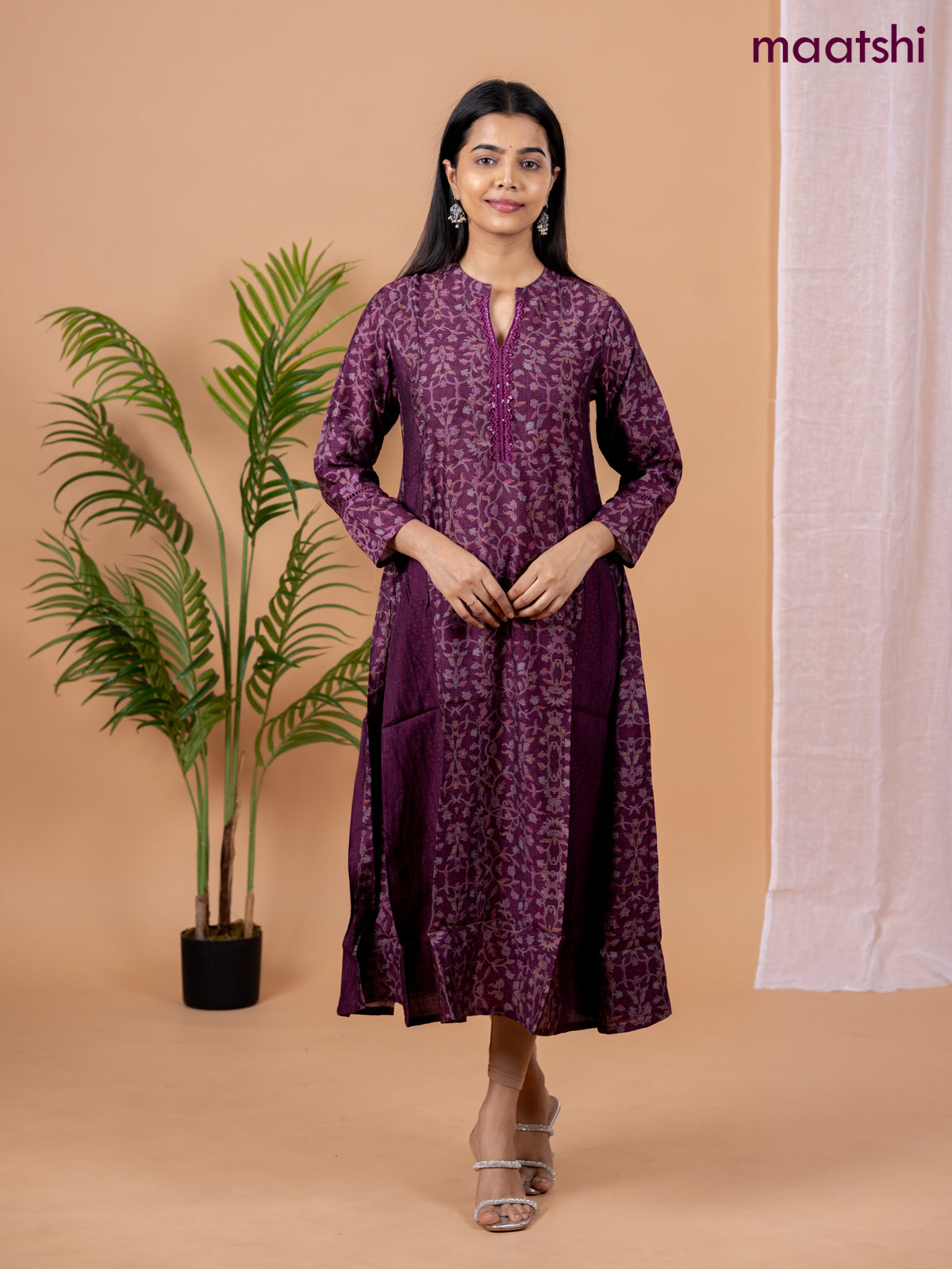 Rayon anarkali kurti wine shade with allover floral prints & sequin lace work neck pattern without pant