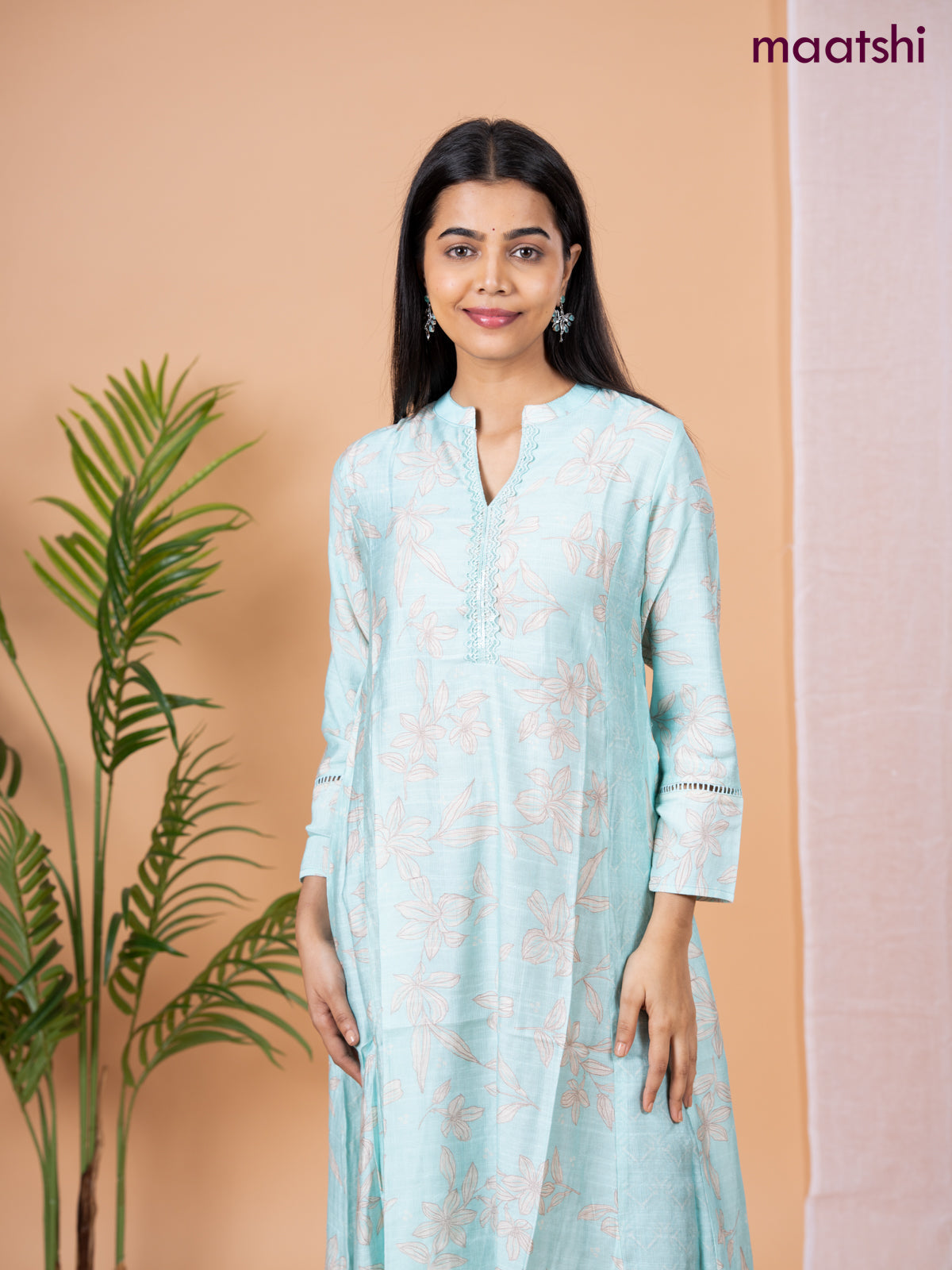 Rayon anarkali kurti teal blue with allover floral prints & sequin lace work neck pattern without pant