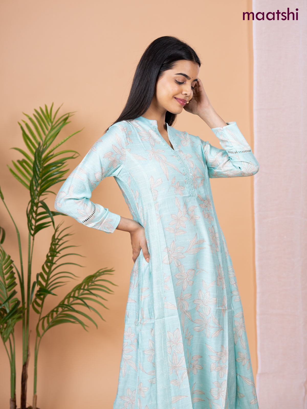 Rayon anarkali kurti teal blue with allover floral prints & sequin lace work neck pattern without pant