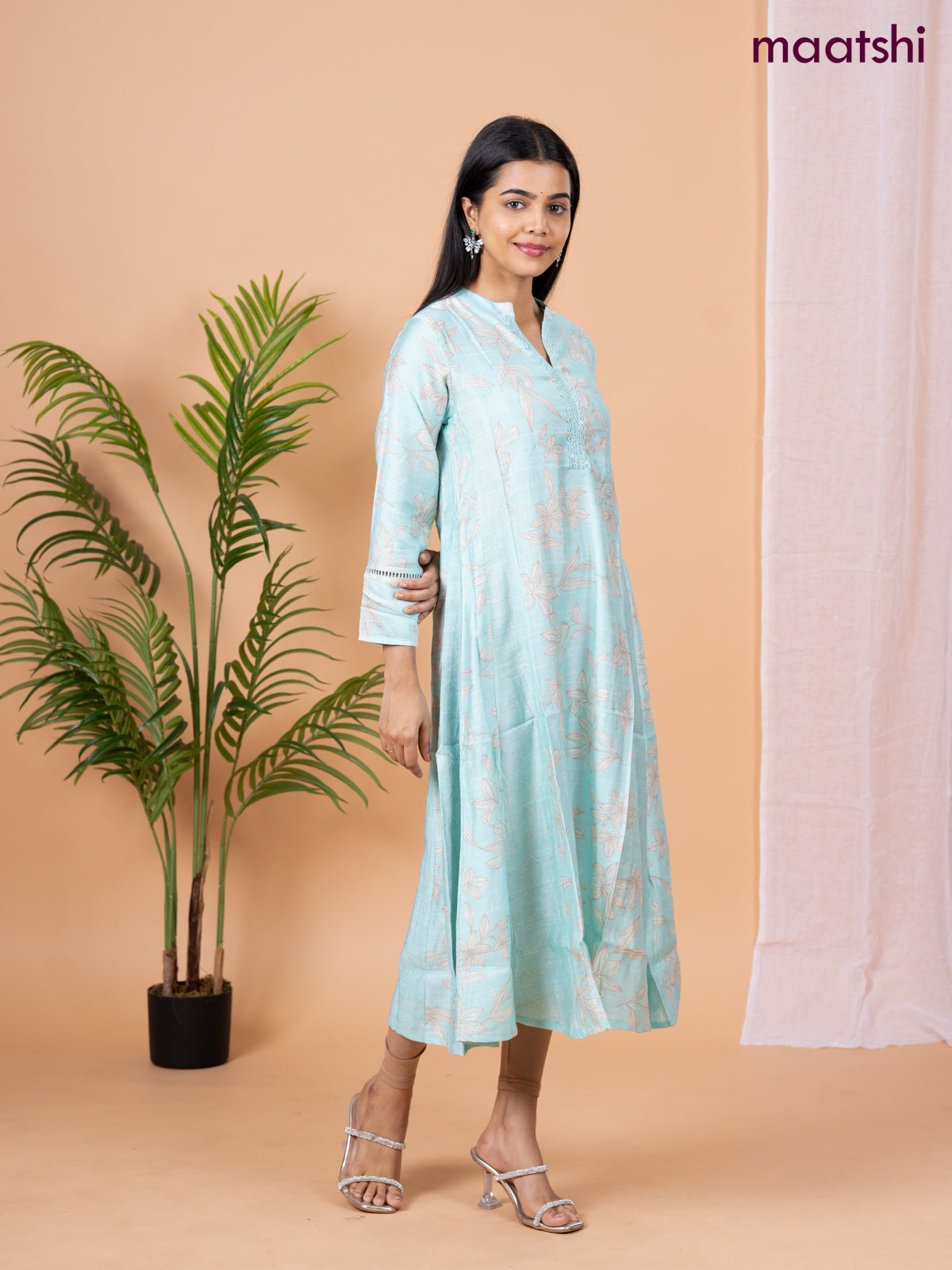 Rayon anarkali kurti teal blue with allover floral prints & sequin lace work neck pattern without pant