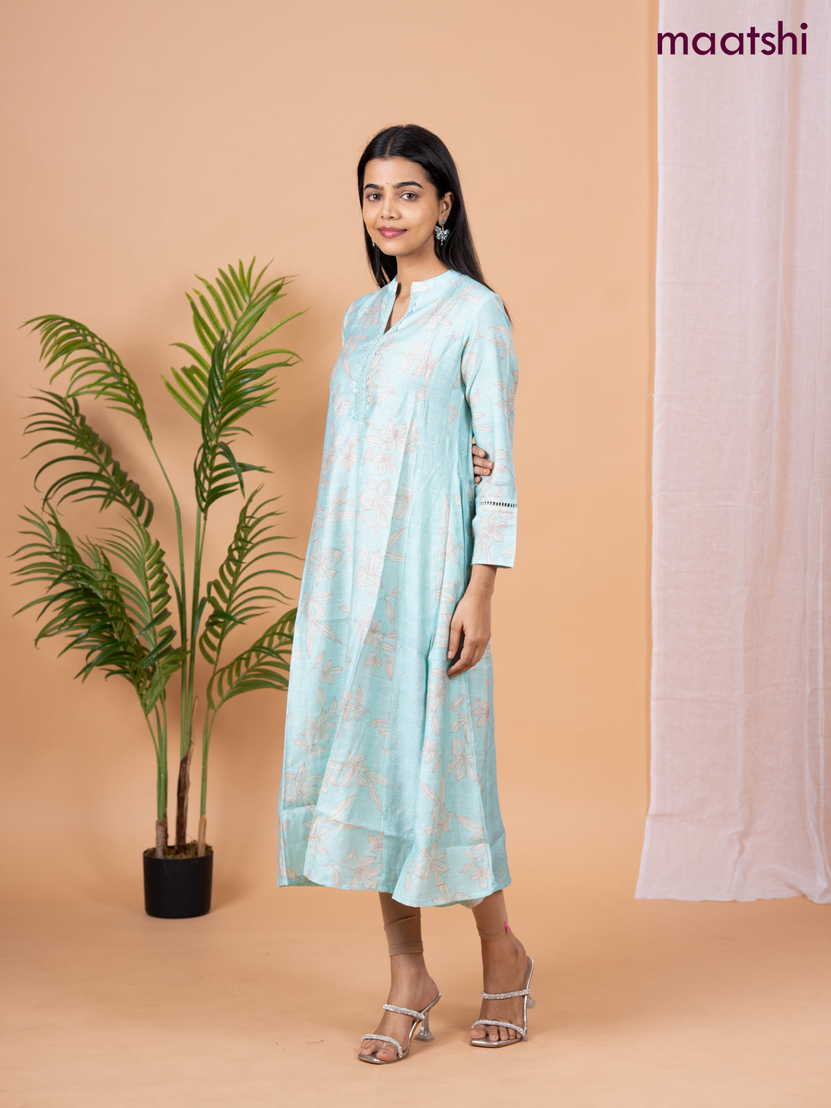 Rayon anarkali kurti teal blue with allover floral prints & sequin lace work neck pattern without pant